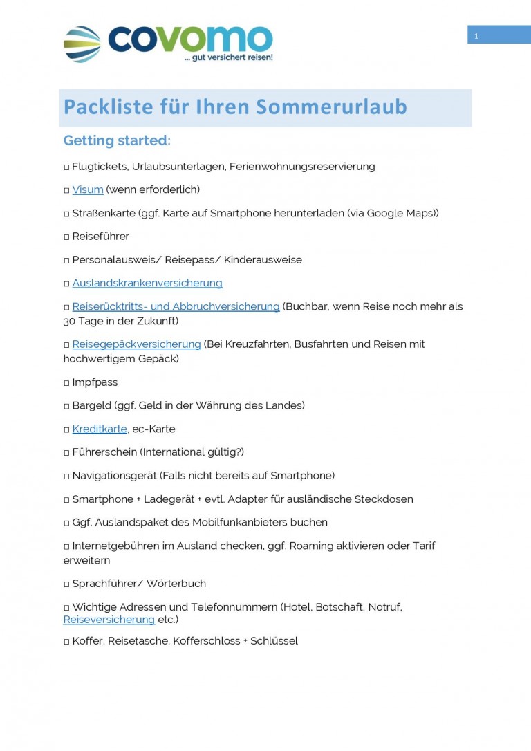 Die Covomo Packliste Für Ihren Urlaub - Packliste Urlaub