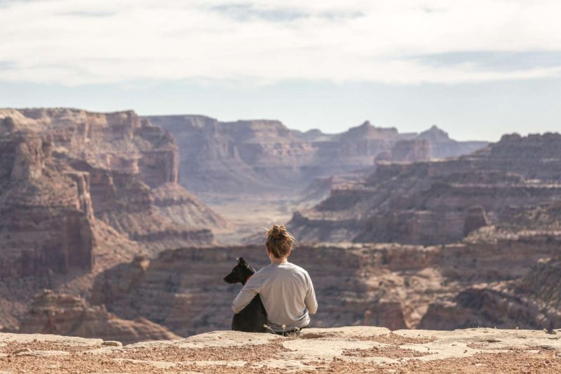 Hund sitzt mit Frau vor dem Grand Canyon
